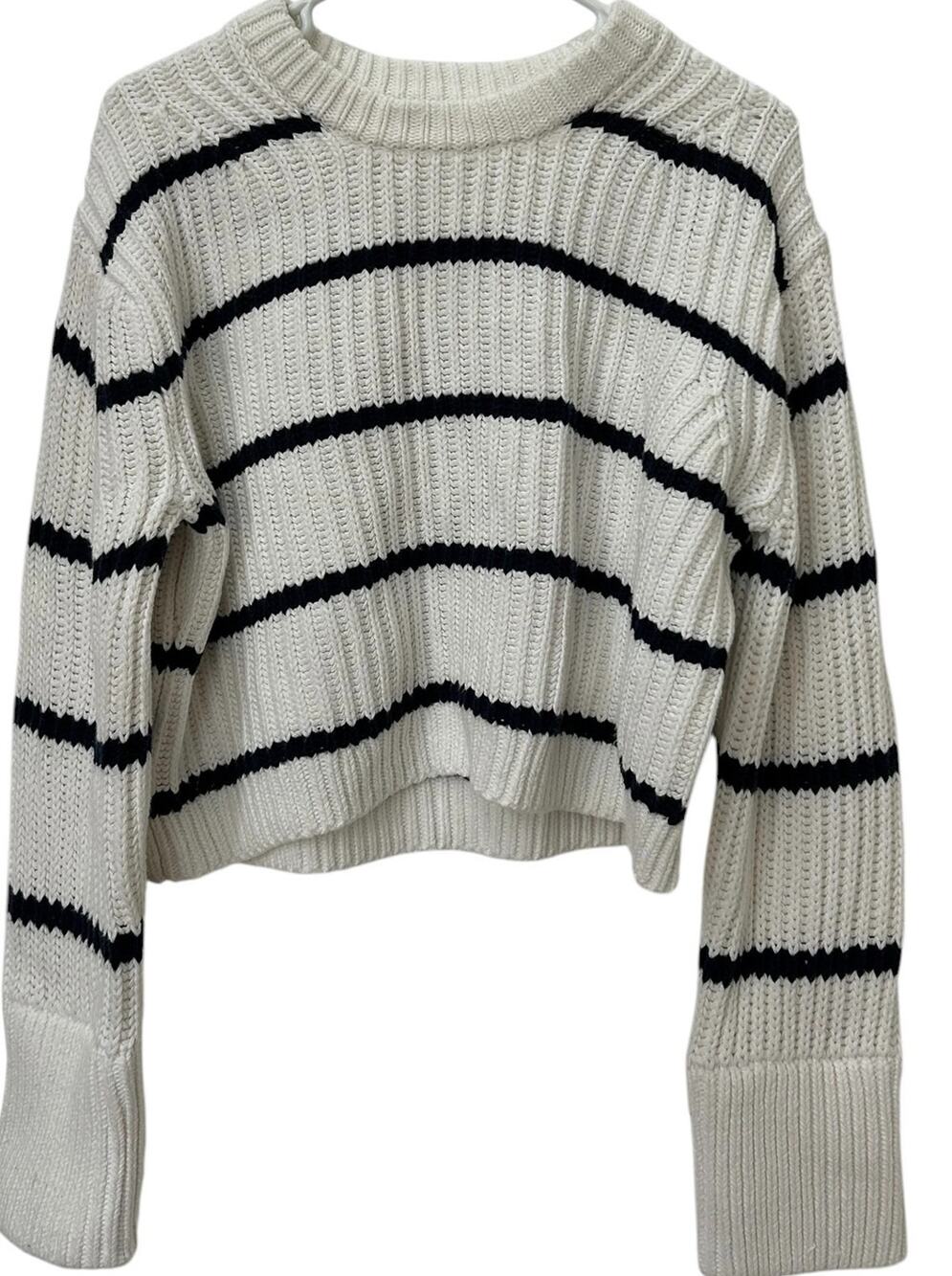 J.Crew Women’s M Chunky Knit Sweater Ivory Navy Striped Cropped Boxy Pullover